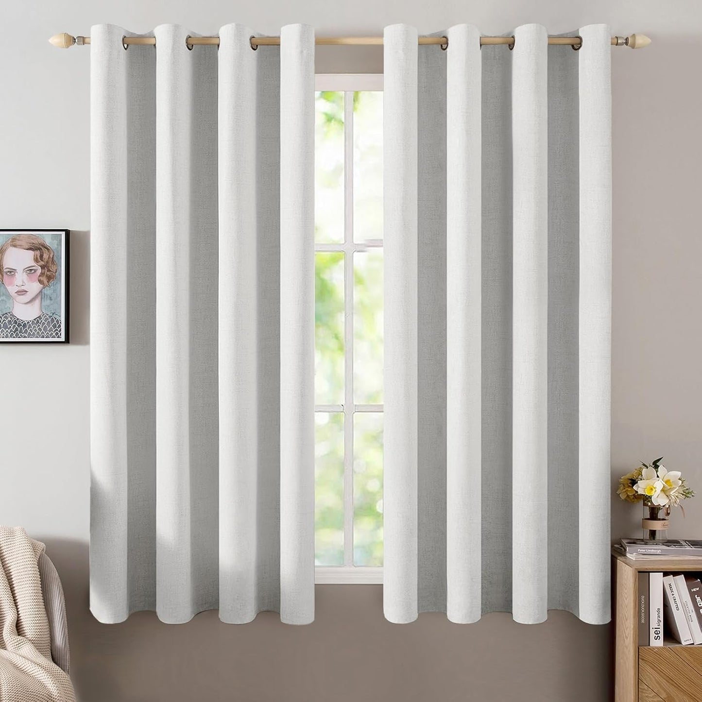 MIULEE Blackout Curtains - 100% Thermal Insulated Linen Textured Drapes | Heathered White, 52 x 45 Inch (2 Panels)