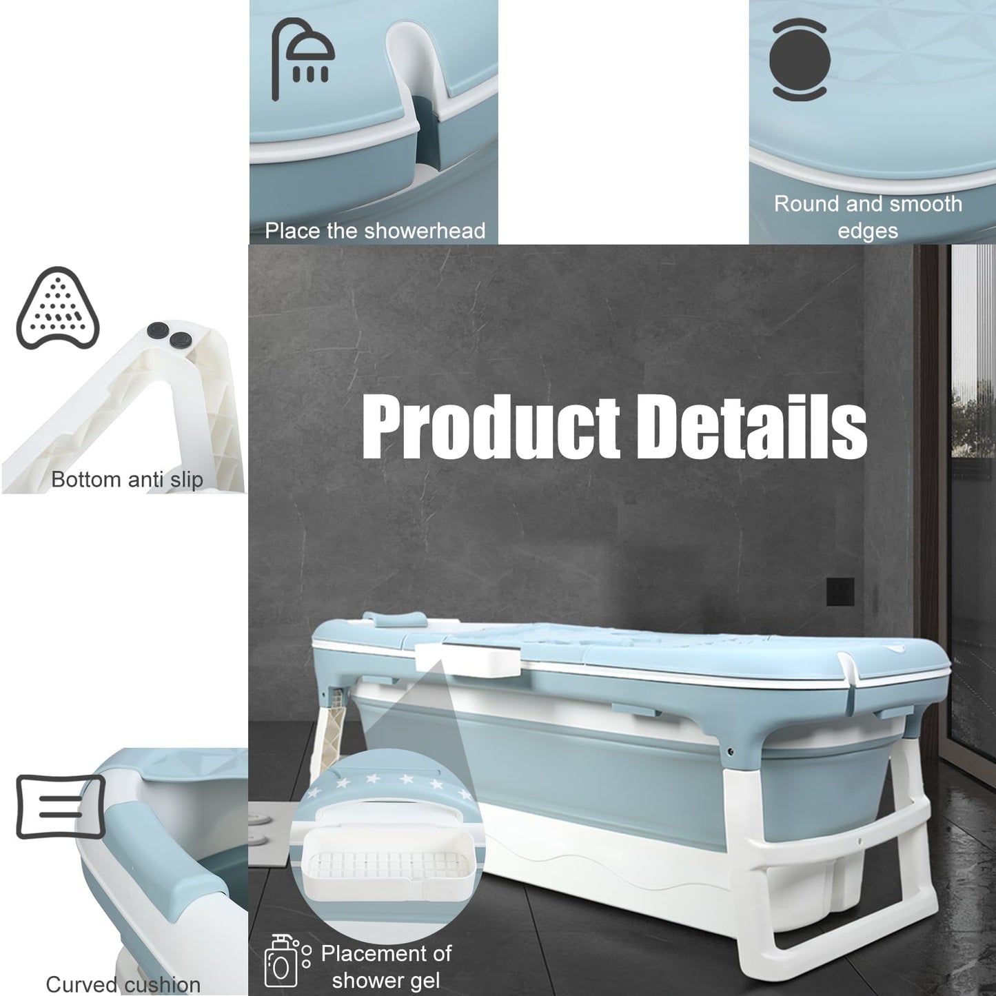 Portable Bathtub for Adults,Large 50 inch Collapsible Bathtub with Lid,Reusable Freestanding Foldable Tub,Collapsible Hot Ice Soaking Bath Tub for Small Space (50inch Blue)