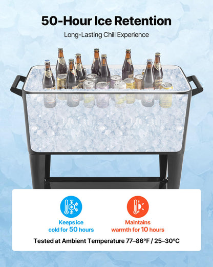 VEVOR 80 Quart Rolling Ice Chest, Holds up to 50 Bottles / 110 Cans, Portable Patio Party Bar Drink Cooler Cart with Bottom Shelf, Beverage Pool with Side Basket and Bottle Opener, Black
