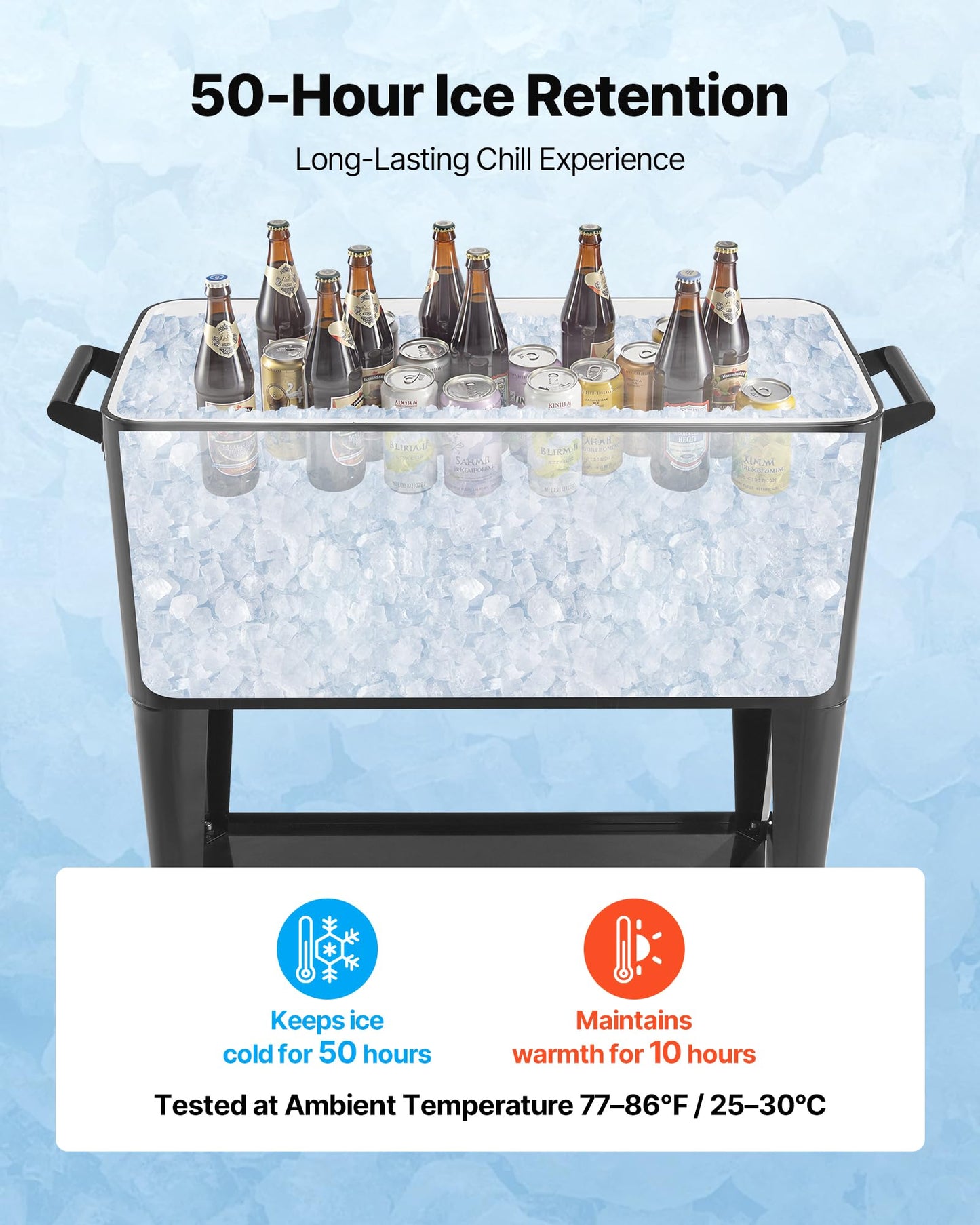 VEVOR 80 Quart Rolling Ice Chest, Holds up to 50 Bottles / 110 Cans, Portable Patio Party Bar Drink Cooler Cart with Bottom Shelf, Beverage Pool with Side Basket and Bottle Opener, Black
