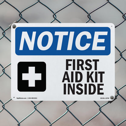 First Aid Kit Inside OSHA Notice Aluminum Sign 14 Inch x 10 Inch - 10 Pack