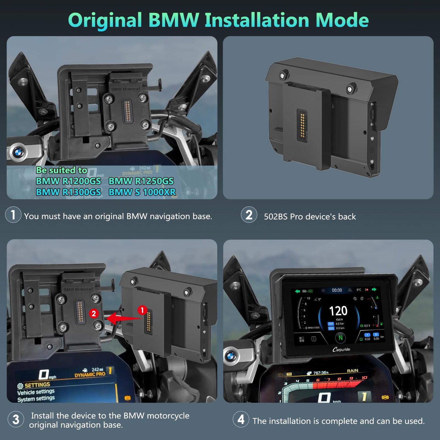 CARPURIDE W502BS for BMW Motorcycle CarPlay & Android Auto Dual Bluetooth, 5" Waterproof GPS Navigation Screen, Data Reading, Native Wonder, TPMS, Light Sensor, Music Sharing, Intercom, 16-Pin