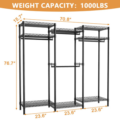 ROOMTEC Portable Closet Heavy Duty Clothes Rack Freestanding Wardrobe Closet Load 1000 LBS with Adjustable Wire Shelves, Hanging Rods, Hooks, 70.8" L x 15.1" W x 76.7" H, Black
