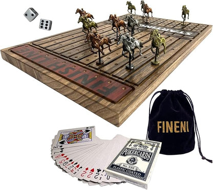 Horse Racing Game for Adults Horse Race Board Game with 11 Luxurious Antique Matt Metal Horses(Bronze Brass Silver) 19” Wood Horse Race Game Board Dice &amp Card Included (Log)