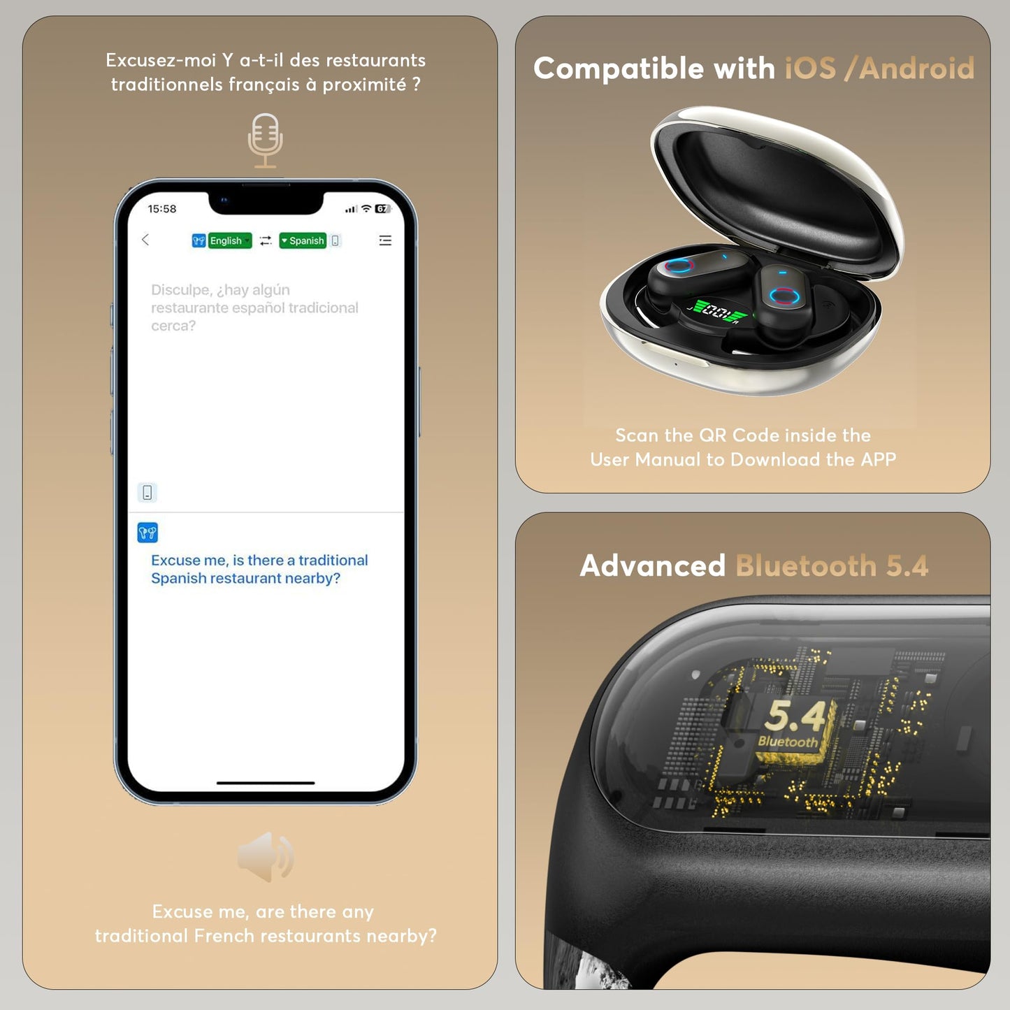 MOZC 168 Languages AI Translation Earbuds, Bluetooth 5.4 Headphones Translator, 4-in-1 Smart Mode Touch Screen Real-Time Earphones Fit iOS and Android Ideal for Travel Business Learning, Gun Black