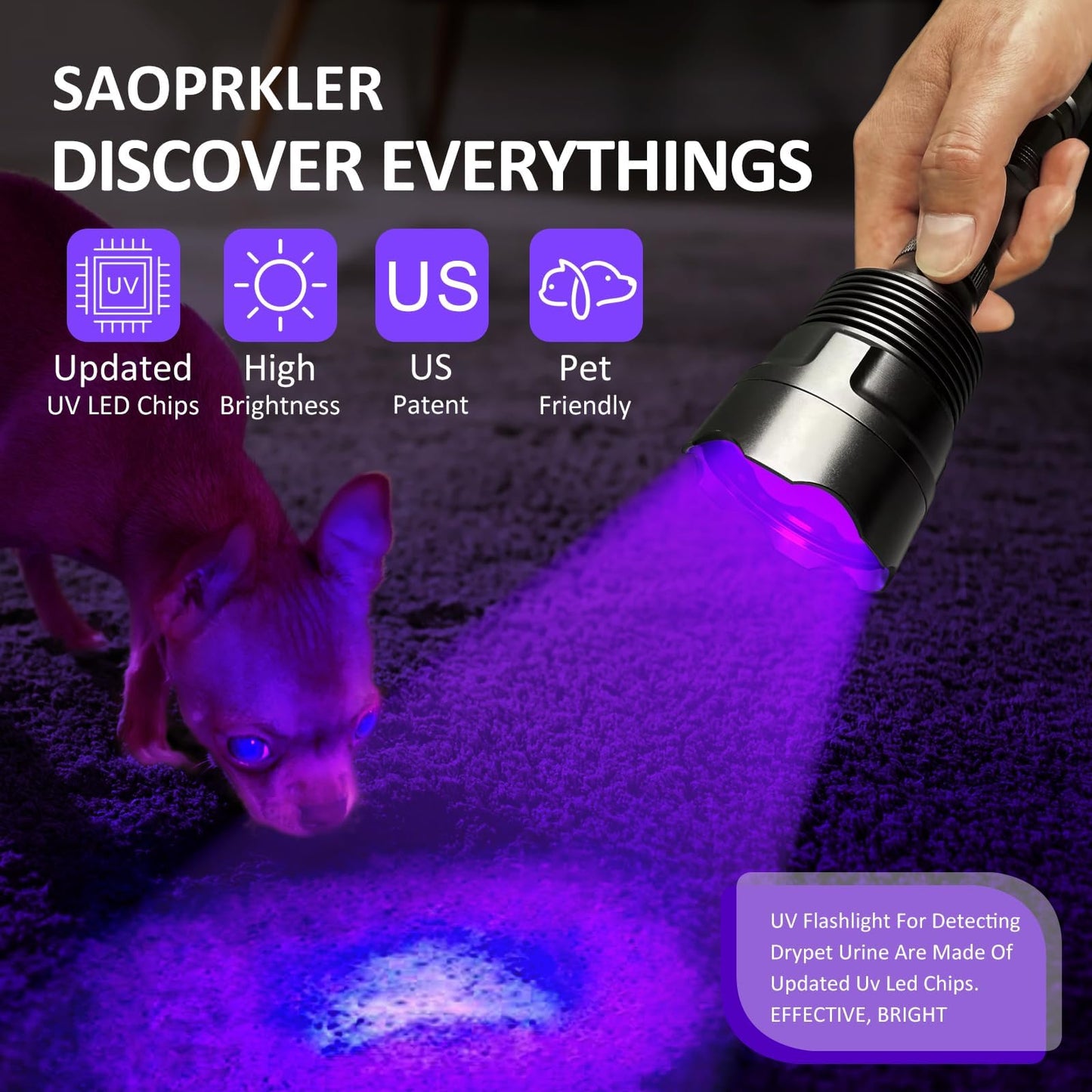 SAOPRKLER Black Light 395NM UV Flashlight for Pet Urine Detection, Scorpion Spotting, AC System Inspection and Rock Fluorescence