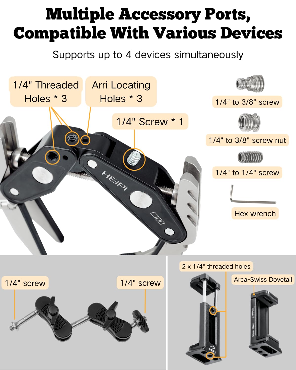 HEIPI Super Clamp Phone Camera Mount Holder 2-in-1 Clamp & Stand Design with 360°Rotation Long Magic Arm with Phone Clip Mount Adapter Holder Max Clamping 3.93 inch