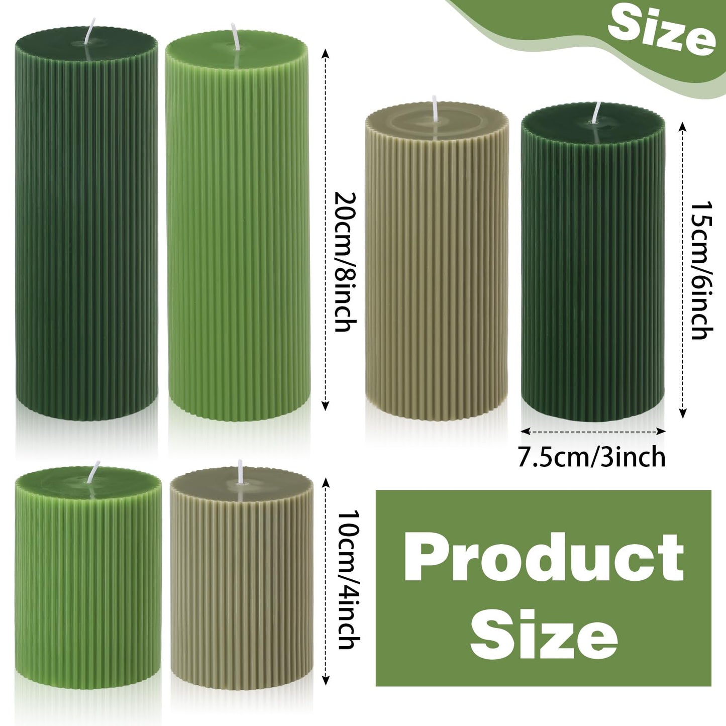 Lyrow 6 Pcs Ribbed Pillar Home Decorative Candles Aesthetic Modern Home Decor Soy Wax Unscented Pillar Candles Width 3" High 4" 6" 8" for Bathroom Living Room Wedding Dinner Party(Green)