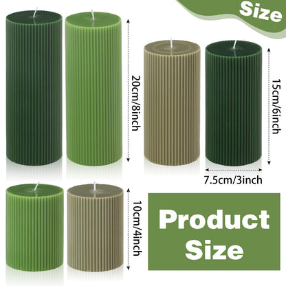 Lyrow 6 Pcs Ribbed Pillar Home Decorative Candles Aesthetic Modern Home Decor Soy Wax Unscented Pillar Candles Width 3" High 4" 6" 8" for Bathroom Living Room Wedding Dinner Party(Green)