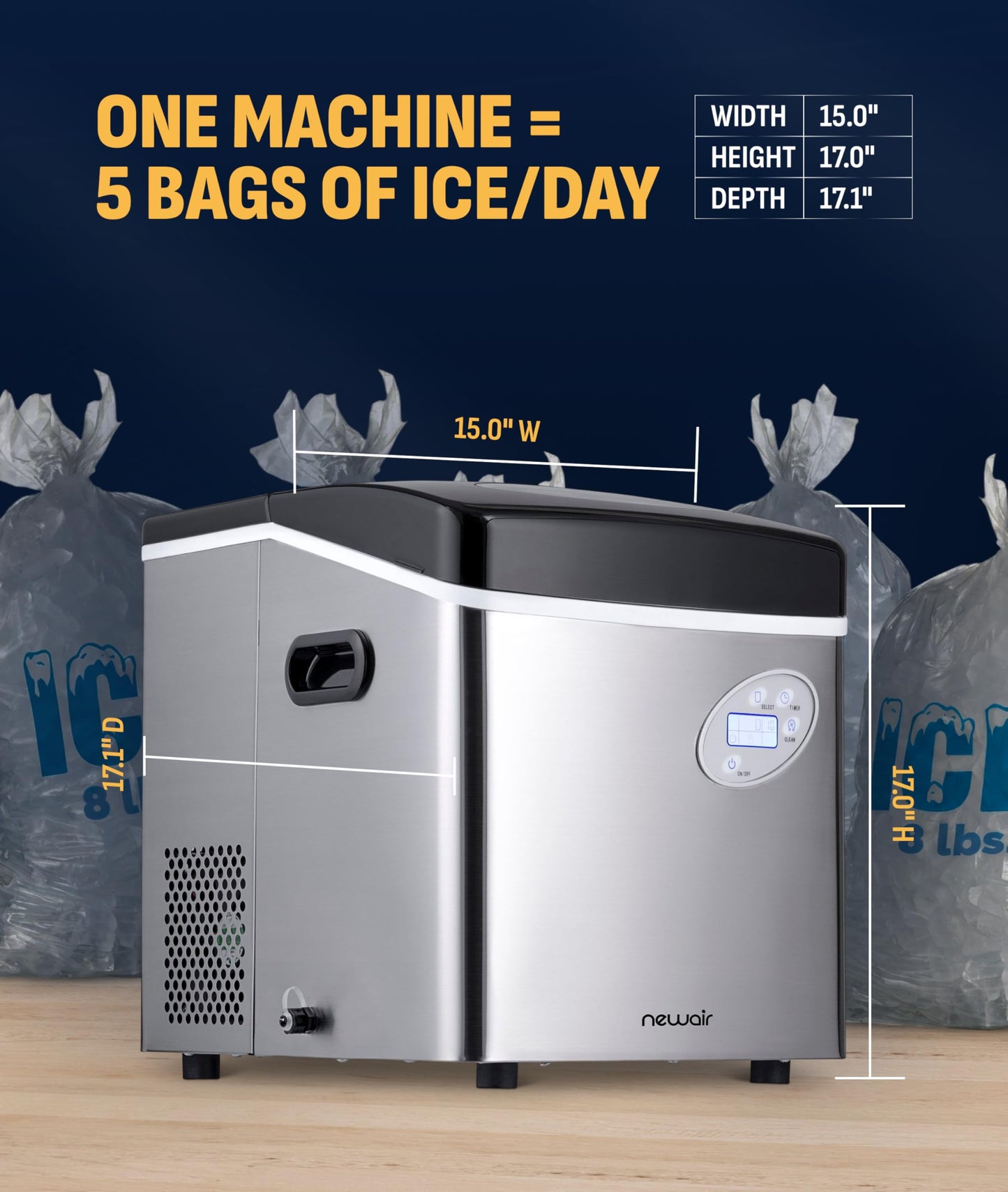 NewAir 50 lb. Countertop Ice Maker | Portable Bullet Ice Machine | 12 Cubes in 7 Minutes, 3 Ice Sizes | Stainless Steel, Self-Cleaning, BPA-Free