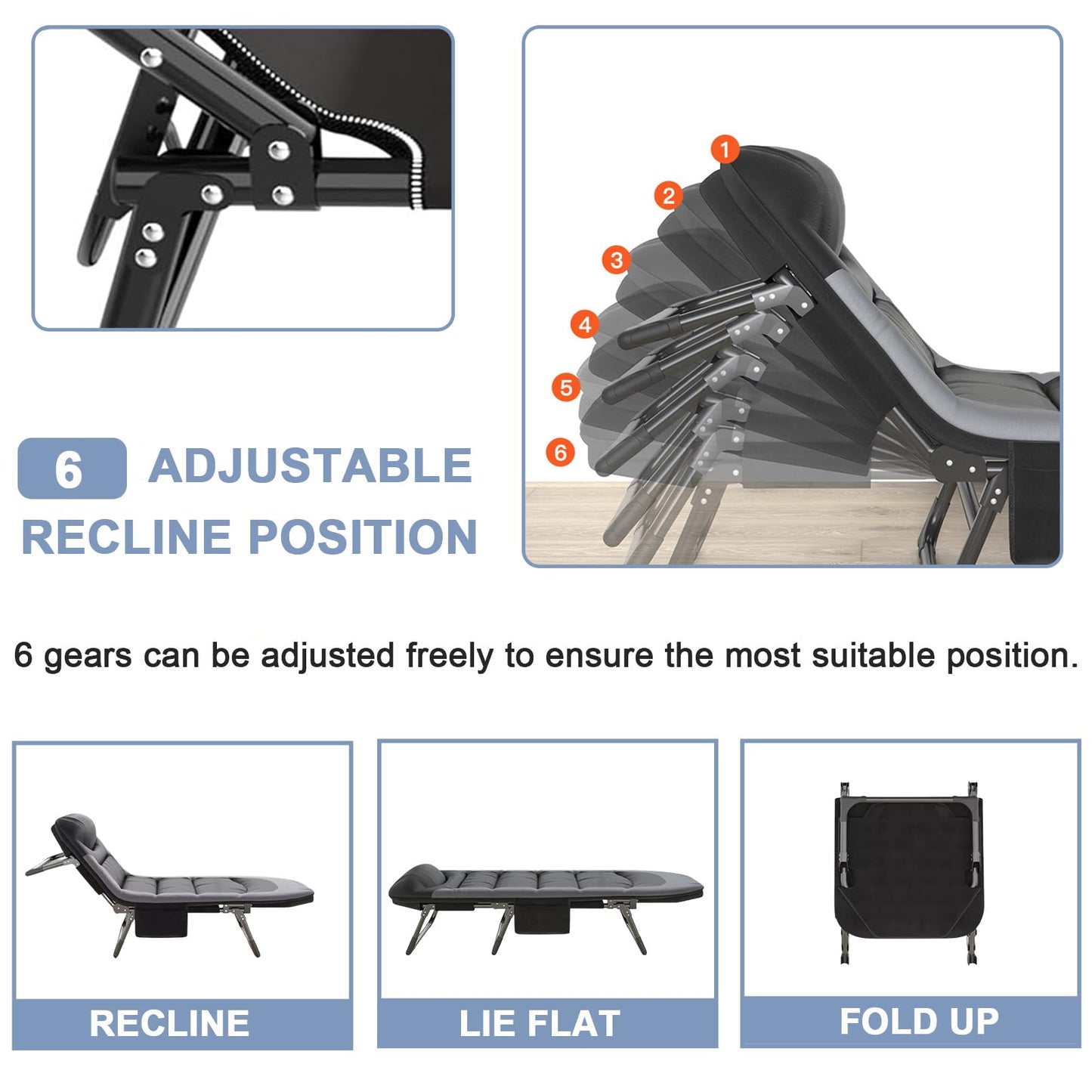 OVLRIJP Folding Lounge Chairs for Outside, Portable Camping Cot, 6-Position Chaise Lounge Chairs with Side Pocket and Mattress, Heavy Duty Chaise Lounges for Outdoor Patio Balcony Beach (Black)