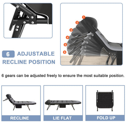 OVLRIJP Folding Lounge Chairs for Outside, Portable Camping Cot, 6-Position Chaise Lounge Chairs with Side Pocket and Mattress, Heavy Duty Chaise Lounges for Outdoor Patio Balcony Beach (Black)