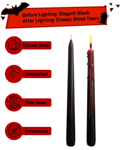 Viyffo Black Drip Taper Candles, 10 Inch Vampire Blood Bleeding Candles Set of 4, Unscented Long-Burning Gothic Candlesticks for Horror Movie Night, Dark Romance & Party Decor