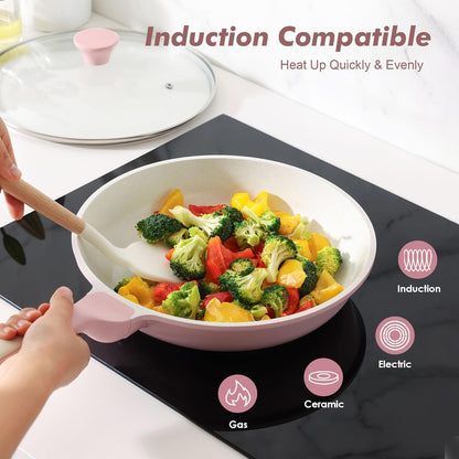 SENSARTE Nonstick Ceramic Frying Pan - 12.5 Inch Induction Compatible Skillet with Lid, Sakura Pink