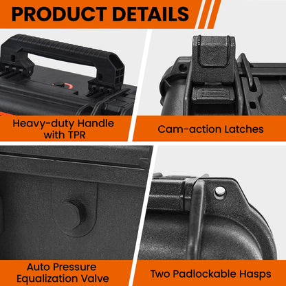 Tactix Hard Case XL Plastic Waterproof Camera Protective Case IP65 Heavy-Duty, Custom Foam Insert, Fit Use of Drones, Camera, Equipments, Tools, 21.41"x17.16"x8.50" Black
