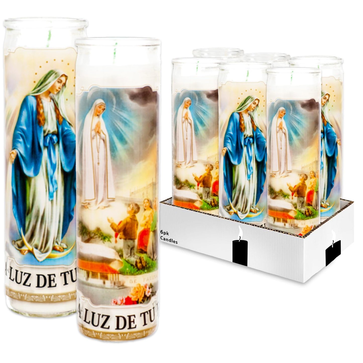 Generic Virgin Mary 6 Pack of 8 Inch White Unscented Religious Our Lady of Fatima & Guadalupe Candles for Vigils, Prayers, Blessing Ceremonies, Church Services & More