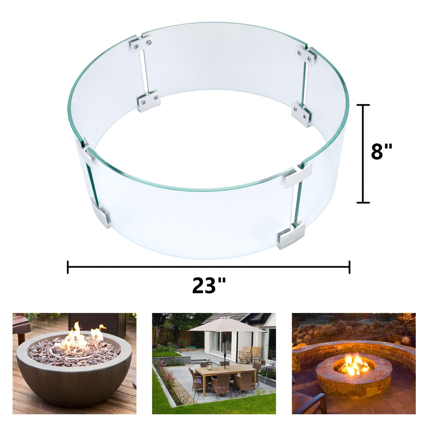 vchin Fire Pit Wind Guard, 23" Glass Wind Guard for Fire Pit Round Table, Made of Clear Tempered Glass Set with Assembly Instructions
