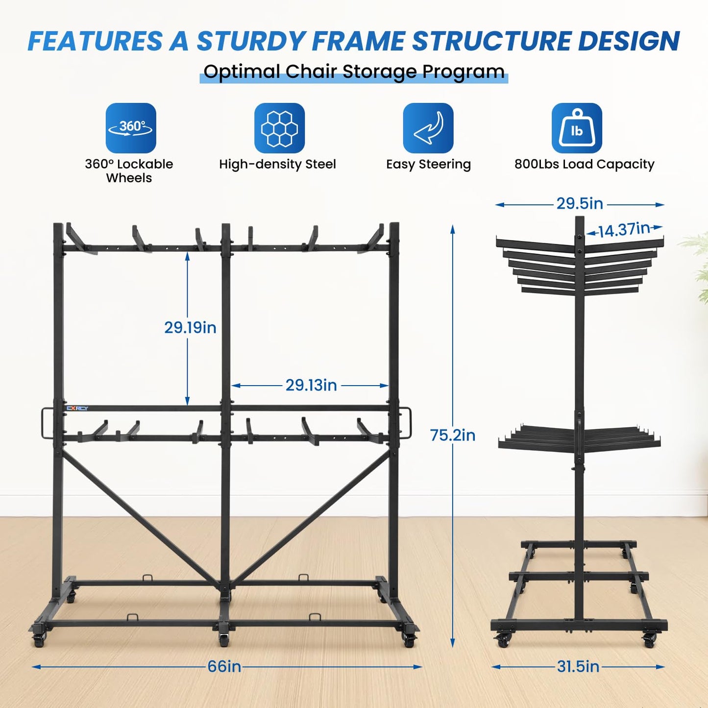 CXRCY Folding Chair Rack, Heavy-Duty Two Tier Folding Chairs Cart with 6 Tank Wheels, 800LBS Capacity for 84 Chairs or 12 Tables, 2 Elastic Band, Dust Cover