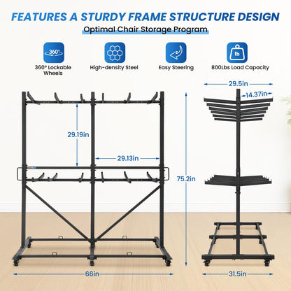 CXRCY Folding Chair Rack, Heavy-Duty Two Tier Folding Chairs Cart with 6 Tank Wheels, 800LBS Capacity for 84 Chairs or 12 Tables, 2 Elastic Band, Dust Cover