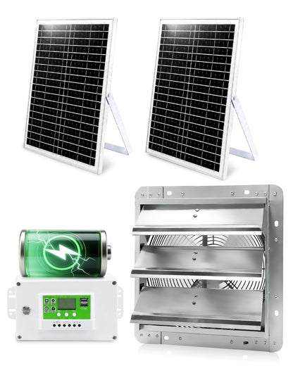 12" High Speed Solar Exhaust Fan for Greenhouse Equipped with Two 30W Solar Panel, with Battery and Smart Charging System. Applicable to Garages, Sheds, Attics, Storage Rooms, RVs