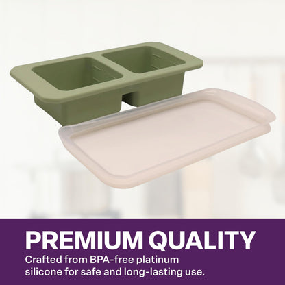 Silicone Freezer Tray with Clear Lid, 2 Compartments with 2 Cup Capacity Each, Large Ice Cube Molds, Microwave and Dishwasher Safe, for Freezing Soup, Sauce, Broth, etc. Sage Green