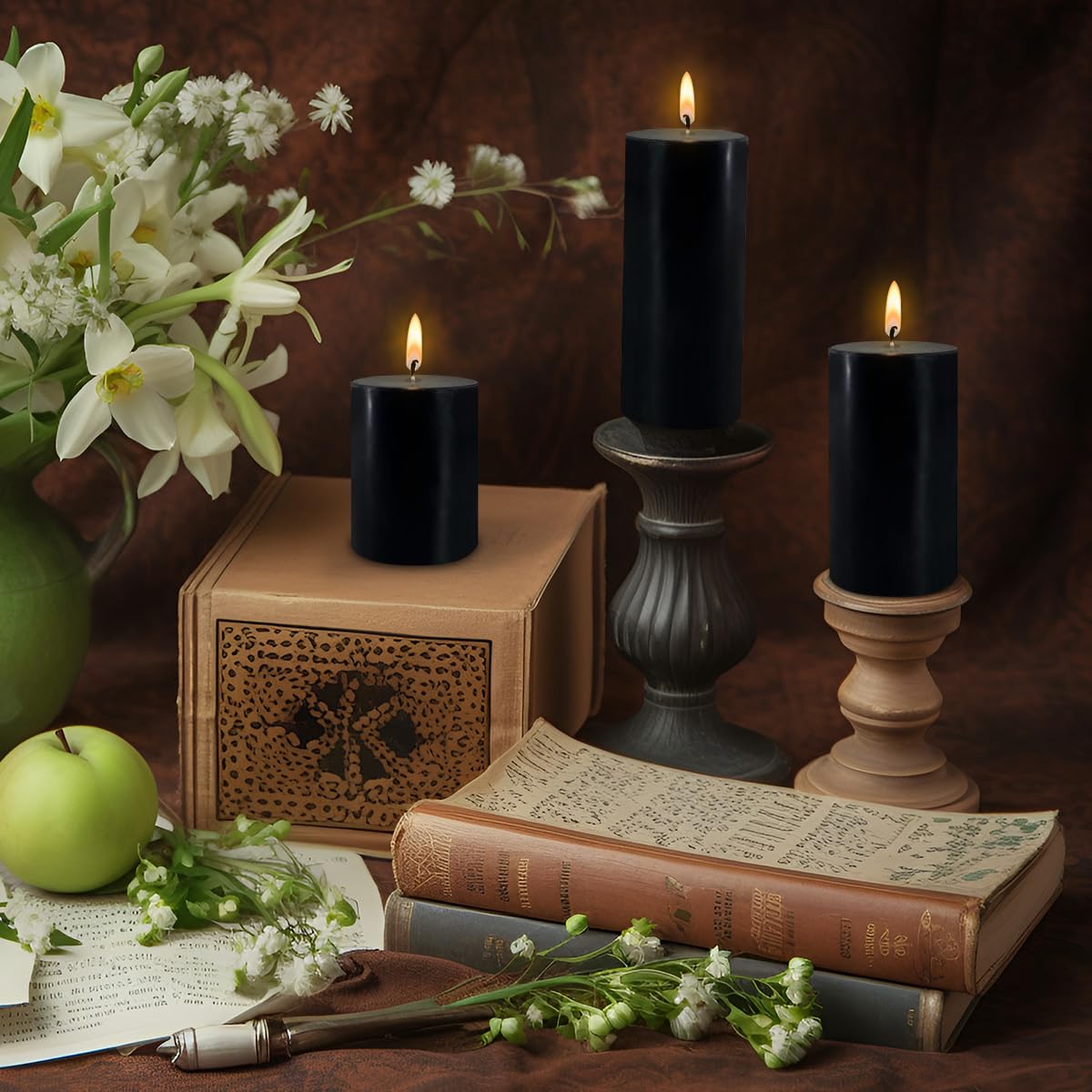 Black Pillar Candles Set of 3 - Dripless Unscented - 3x4, 3x6 & 3x8 inches Decorative Candles for Home Decor & Table Centerpieces