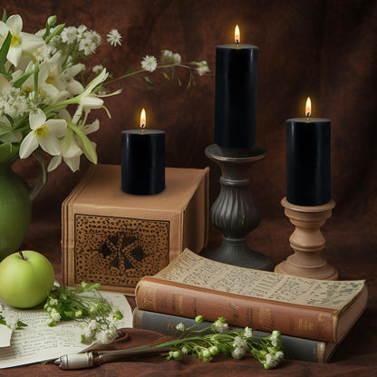 Black Pillar Candles Set of 3 - Dripless Unscented - 3x4, 3x6 & 3x8 inches Decorative Candles for Home Decor & Table Centerpieces