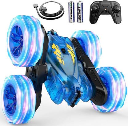 Remote Control CarStunt RC Cars For Kids with Colorful LightFast USB-C ChargingDouble-Sided 360° Rotating Rechargeable 4WD RC Truck Car Toys for Ages 5-7 Gift for Boys Girls Ages 8-12(Blue)
