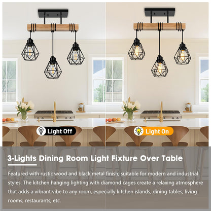 Feanron Pendant Light Fixture, 3-Lights Rustic Wood & Metal, Black Ceiling Lamp for Dining Room, Model ZSLDD-3L
