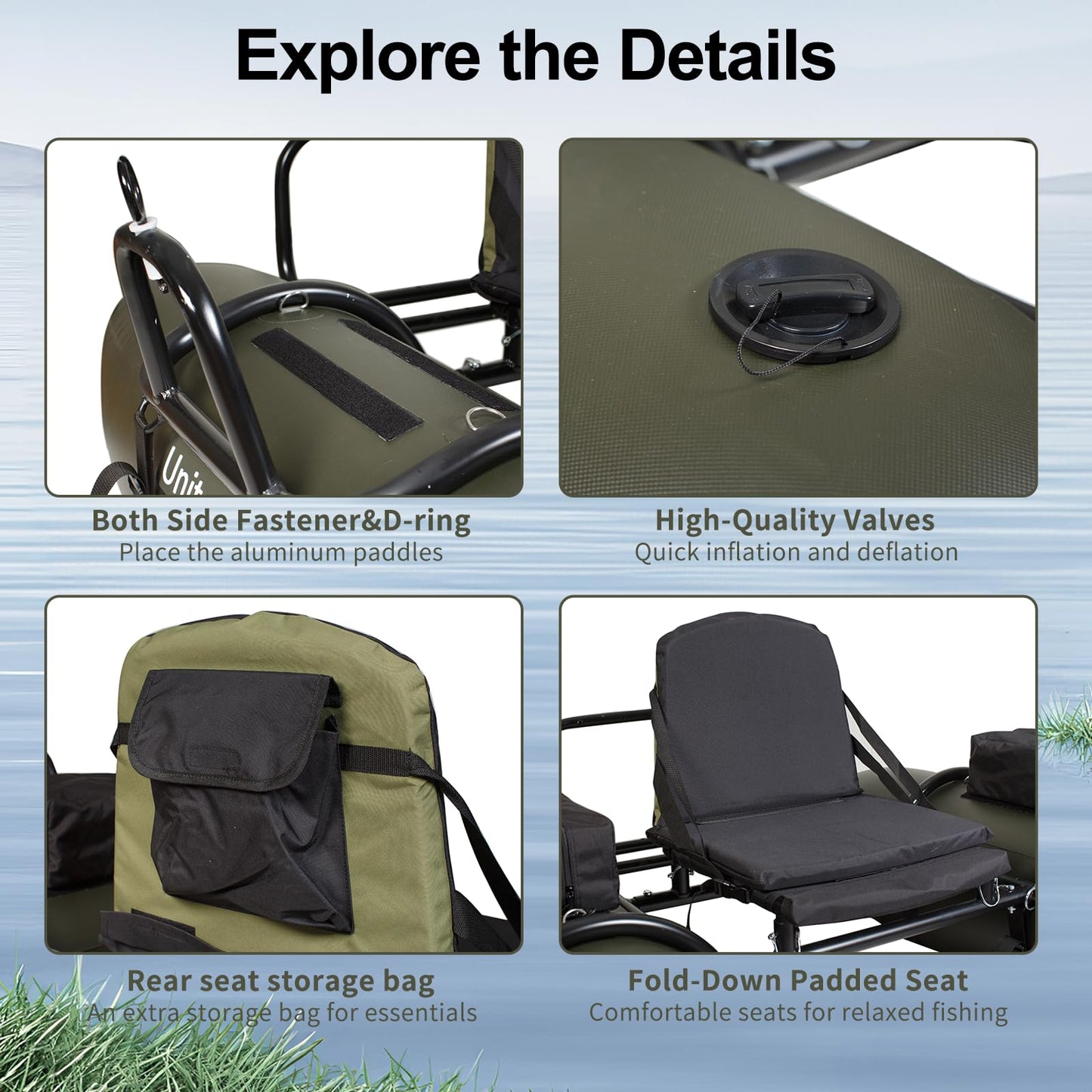 UNITACKCLE Inflatable Fishing Float Tube, Pontoon Boat with Adjustable Footrest, Folding Padded Seat, Paddles, Foot Air Pump Included, 249 LBS Load Capacity, Belly Boat Suitable for One Person Fishing