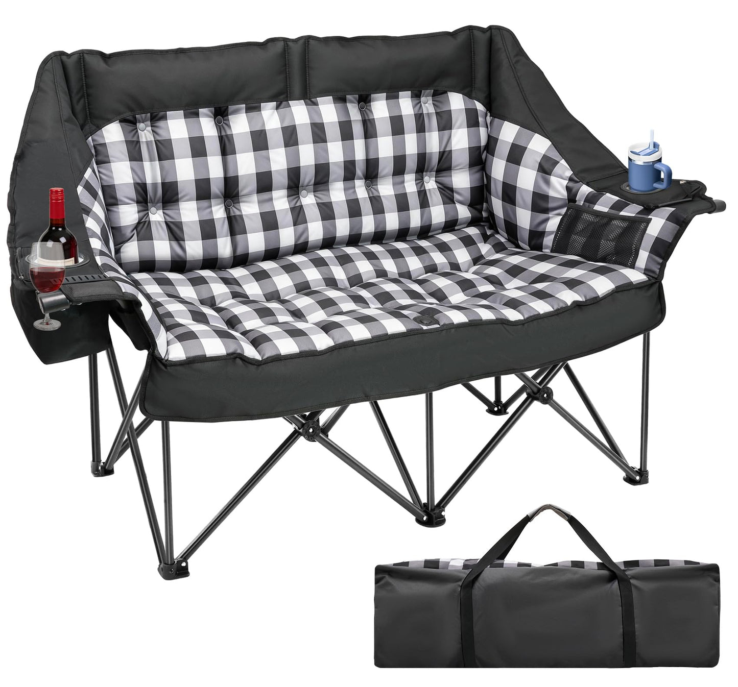 Suteck Double Camping Chair Padded 2 Person Camping Chair Camping Loveseat - Heavy Duty Oversized Camping Couch for Adults - Portable Folding Sofa w/Glass Holders&Cooler Bags for Outdoor Lawn Beach