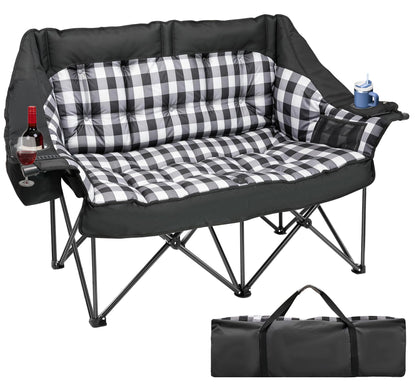 Suteck Double Camping Chair Padded 2 Person Camping Chair Camping Loveseat - Heavy Duty Oversized Camping Couch for Adults - Portable Folding Sofa w/Glass Holders&Cooler Bags for Outdoor Lawn Beach