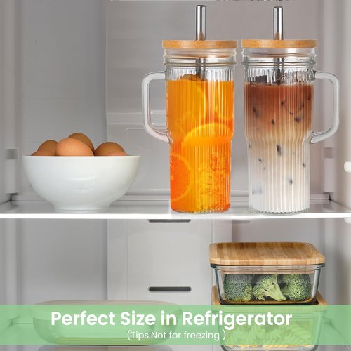 Birity 24oz Ribbed Glass Cup Set - Reusable Tumblers with Lids & Straws | Perfect for Iced Coffee, Juice & Tea