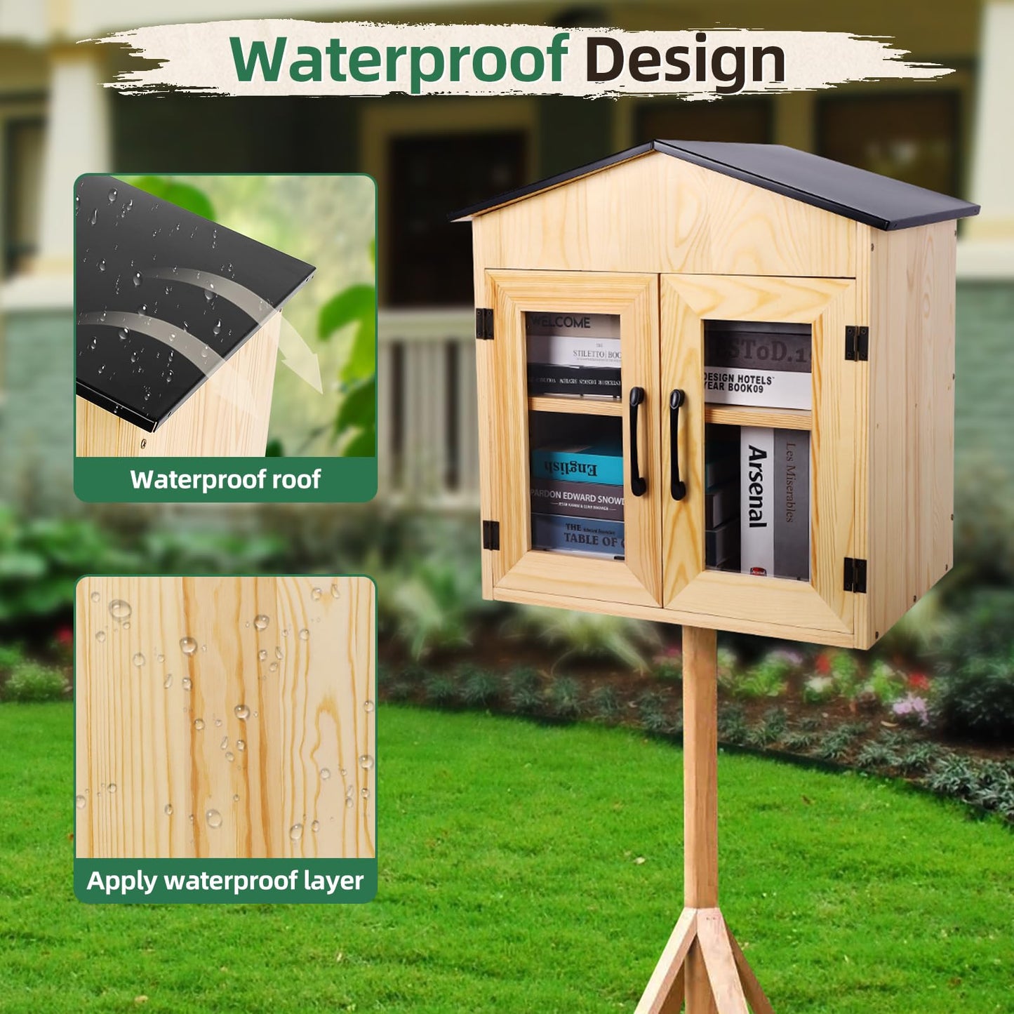 PEAYLI Outdoor Library Outdoor Book Box Storage Small Wooden Cabinet Little Literature Box for Neighborhoods Community and Schools Sharing Books, Flyers, Newspapers