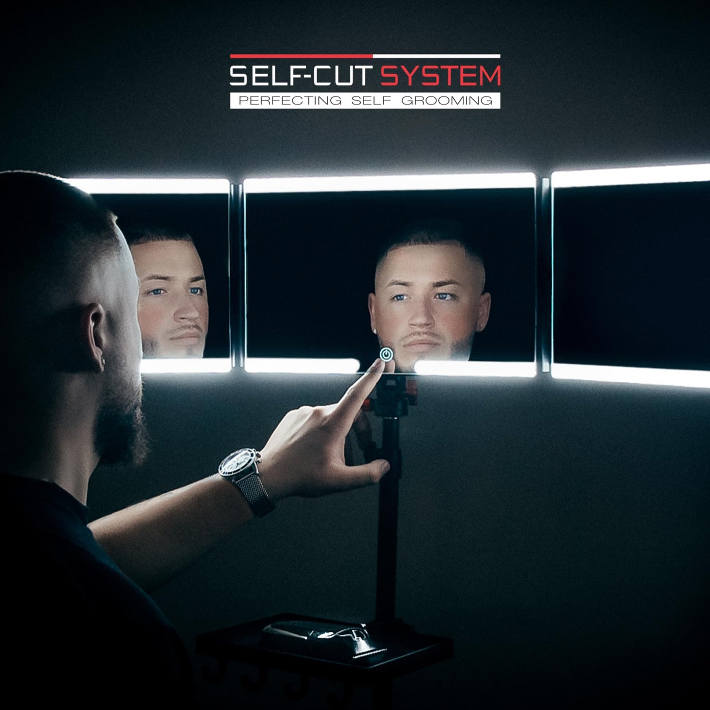 Self-Cut System Angel Lights Tripod - 3 Way Mirror for Self Hair Cutting - Includes Attachable Clipper & Trimmer Tray - Trifold Barber Mirror - Adjustable Height & Brightness - Travel-Friendly