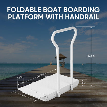 Foldable Boat Boarding Platform with Handrails – 500LB Capacity Heavy-Duty Iron Dock Steps, Anti-Rust Anti-Slip Surface, Dock Extension