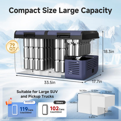 BODEGACOOLER 12 Volt Car Refrigerator, 79QT(75L) IPX4 Waterproof Electric Cooler, RV Car Fridge Dual Zone APP Control with 12/24V DC 110-240V AC, -4℉~68℉, Portable Freezer for Truck RV Camping, Travel