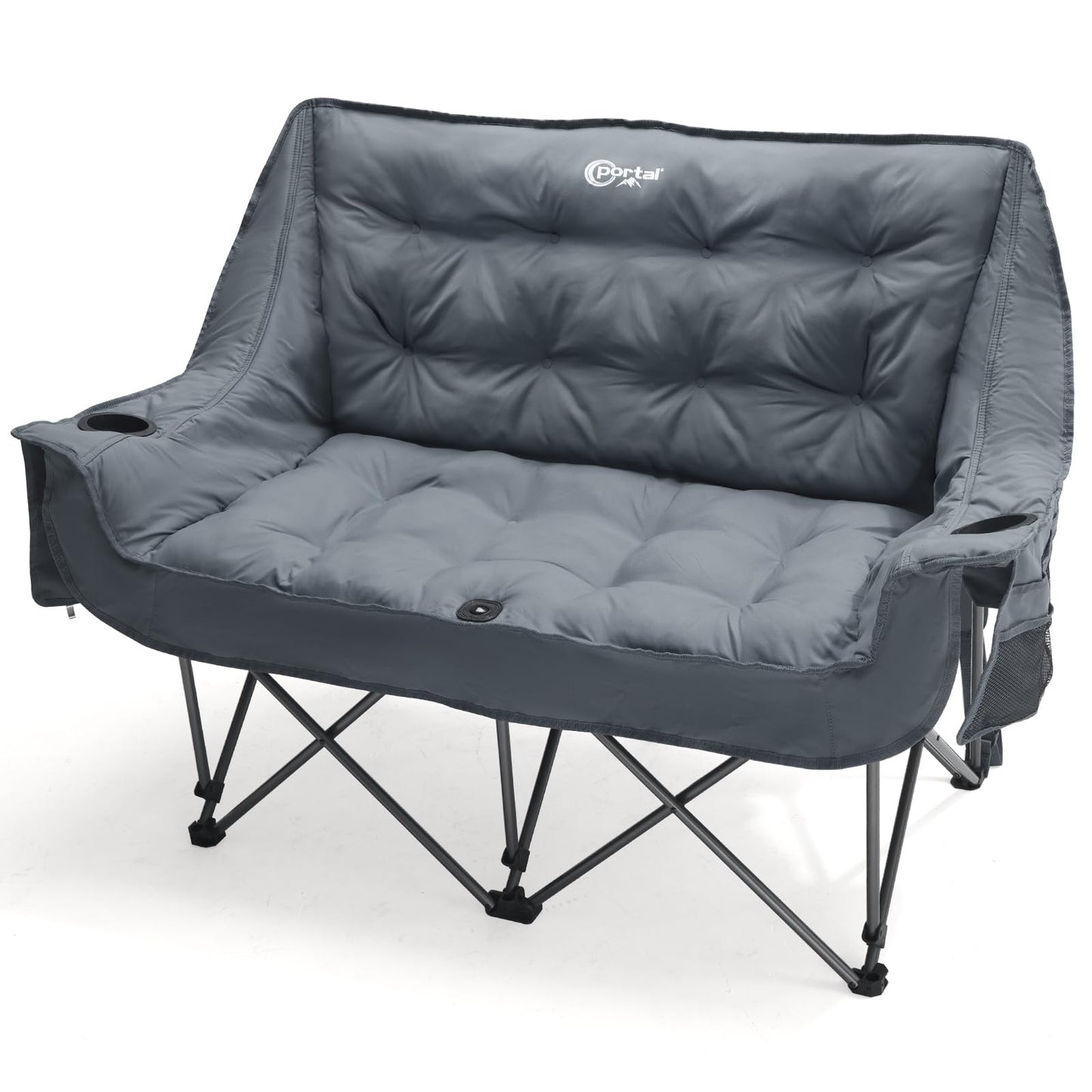 Portal Double Camping Chair, 2 Person Folding Loveseat for Adults, Padded Cushion Camp Lawn Love Seat with Side Pocket Portable Couch, Two Person Heavy Duty Wide Chairs with Cup Holder, 600 lbs
