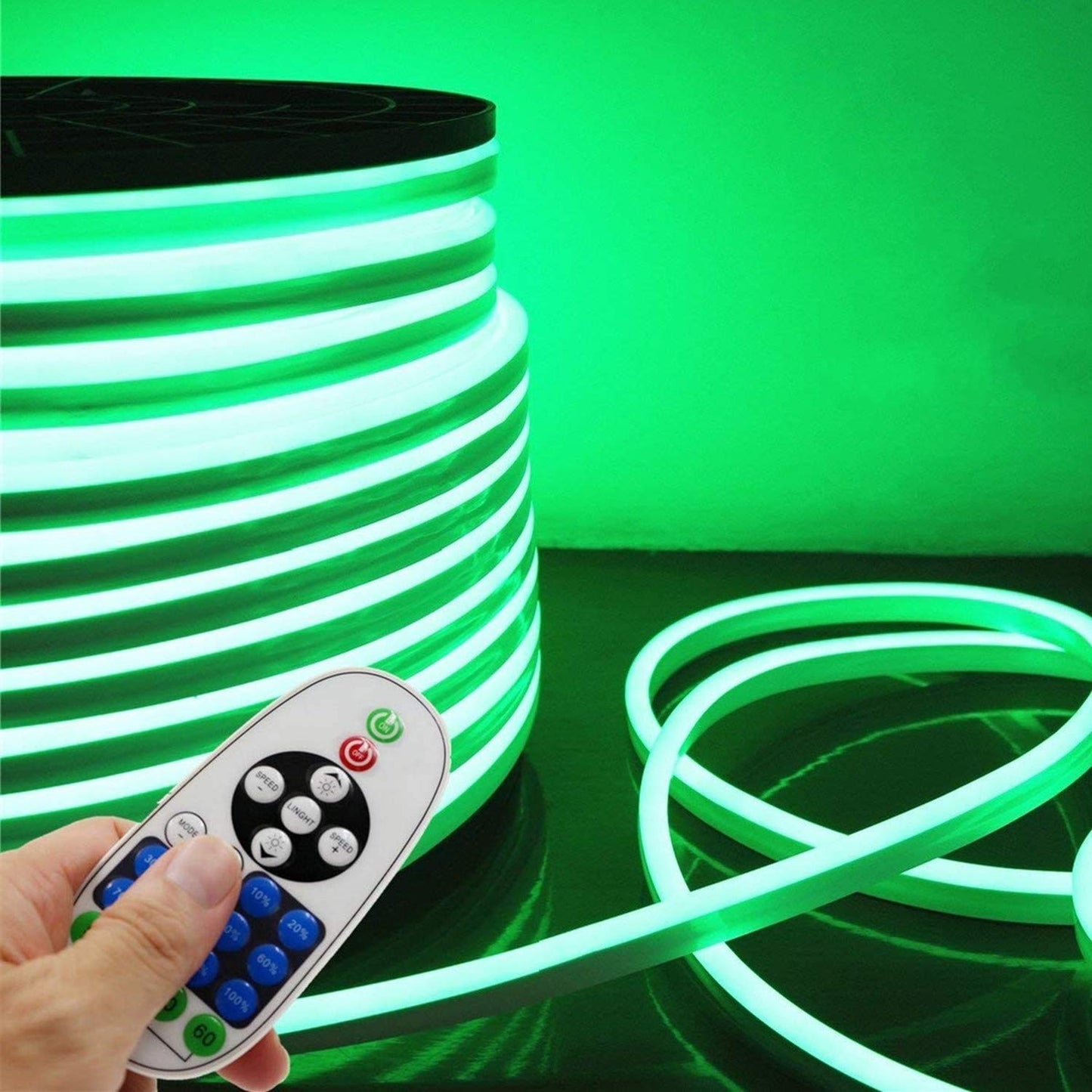 IEKOV LED NEON Light, AC 110-120V Flexible LED Neon Strip Lights, 120 LEDs/M, Dimmable, Waterproof 2835 SMD LED Rope Light + Remote Controller for Party Decoration (98.4ft/30m, Green)
