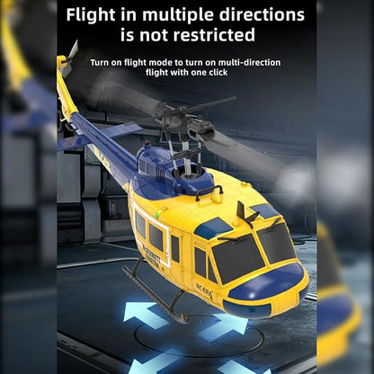 C032 UH-1 Huey RC Helicopter for Adults 1/48 Scale 2.4G 6CH Flybarless Stunt RC Plane 6-Axis Gyroscope Optical Flow Positioning TOF Lidar Height Setting for Beginners (Yellow-blue(2 Batteries))