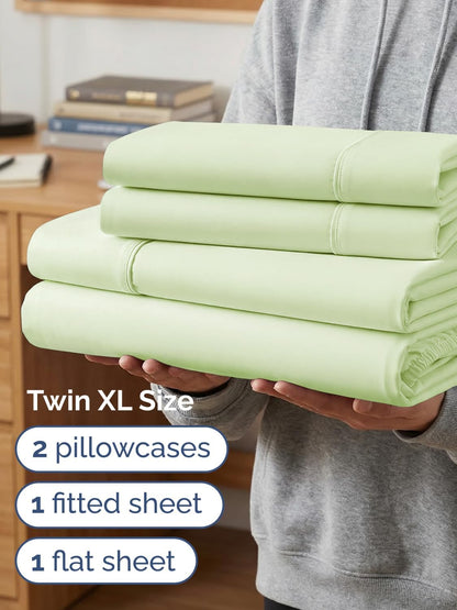 Skiennix Extra Deep Twin XL Sheet Set | 4-Piece Breathable Cooling Sheets - Hotel Luxury Bedding - Light Sage