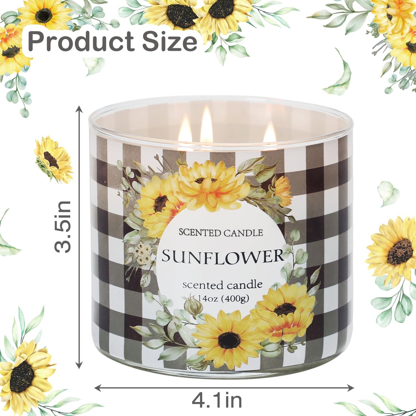 Sunflower Candle, Summer Sunflower Scented Candles Gift for Women, 3 Wicks Large Candle, 14 oz