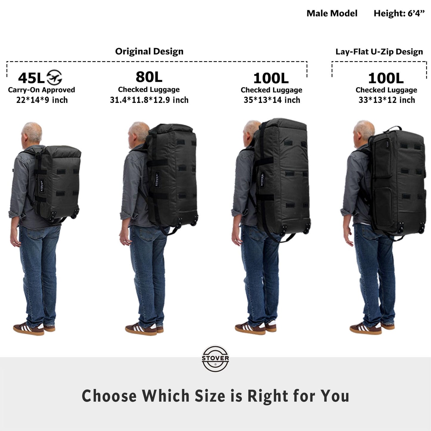 STOVER 45/80/100L Rolling Duffel Bag with Wheels, X-Large Durable Travel Duffle + Toiletry Bag, Heavy Duty, Packable with Shoulder Straps- Use as Luggage or Backpack, Men/Women (Green)