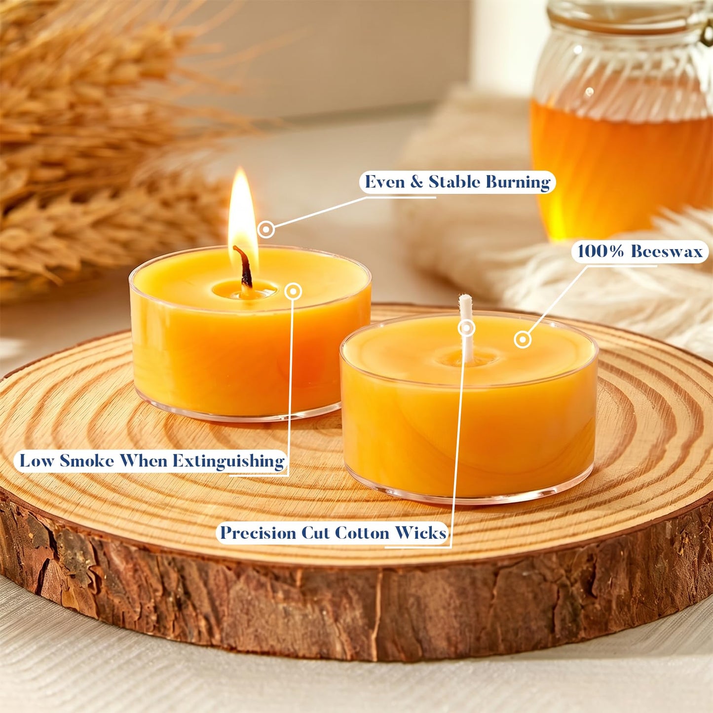 Crenovo Tea Lights Beeswax 12 Pack, 8-Hour 100% Pure Bees Wax Tealight Candles, Smokeless Unscented Votive Cup Candles for Home Spa Meditation Relaxation
