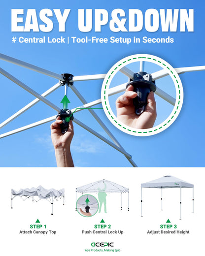 Acepic 10x10 Pop Up Canopy Tent, One Push Instant Outdoor Gazebo with Vented Top, Upgraded 300D Silver Coated Sun Shade for Parties Camping Vendor, Includes Wheeled Bag and 4 Sandbags, White