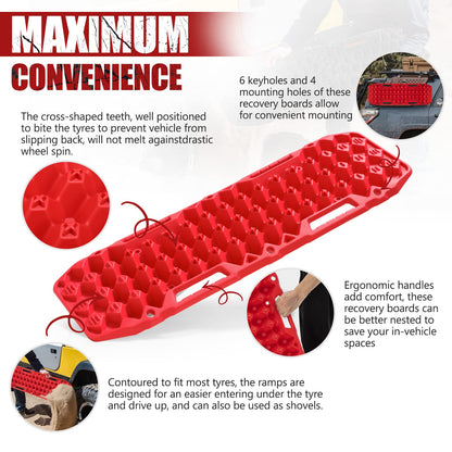 BUNKER INDUST Off-Road Traction Boards Red + 1"×30ft Kinetic Recovery Rope with 2 Soft Shackles Kit