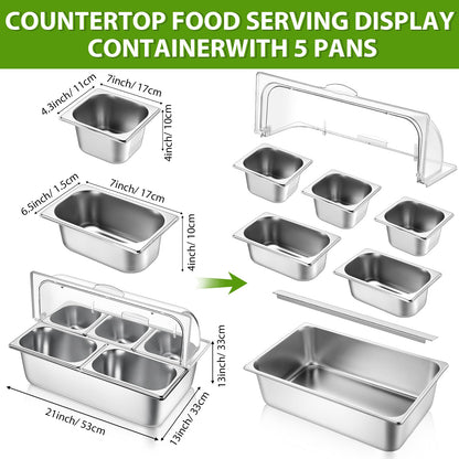 Ziliny Food Serving Display Container 5 Pans Stainless Steel Salad Bar Buffet Station Condiment Dispenser Serving Tray Food Display Rack and Clear Roll Top Cover for Restaurant Hotel Kitchen