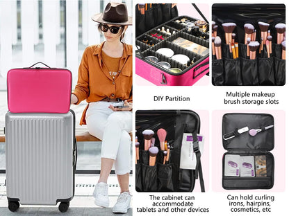 gzcz Large Capacity 16.5 inches Professional Travel Makeup Train Case Portable Artist Cosmetic Brush Organizer Storage Bag With Adjustable Dividers And Shoulder Strap for Toiletry Jewelry （Rose Red）