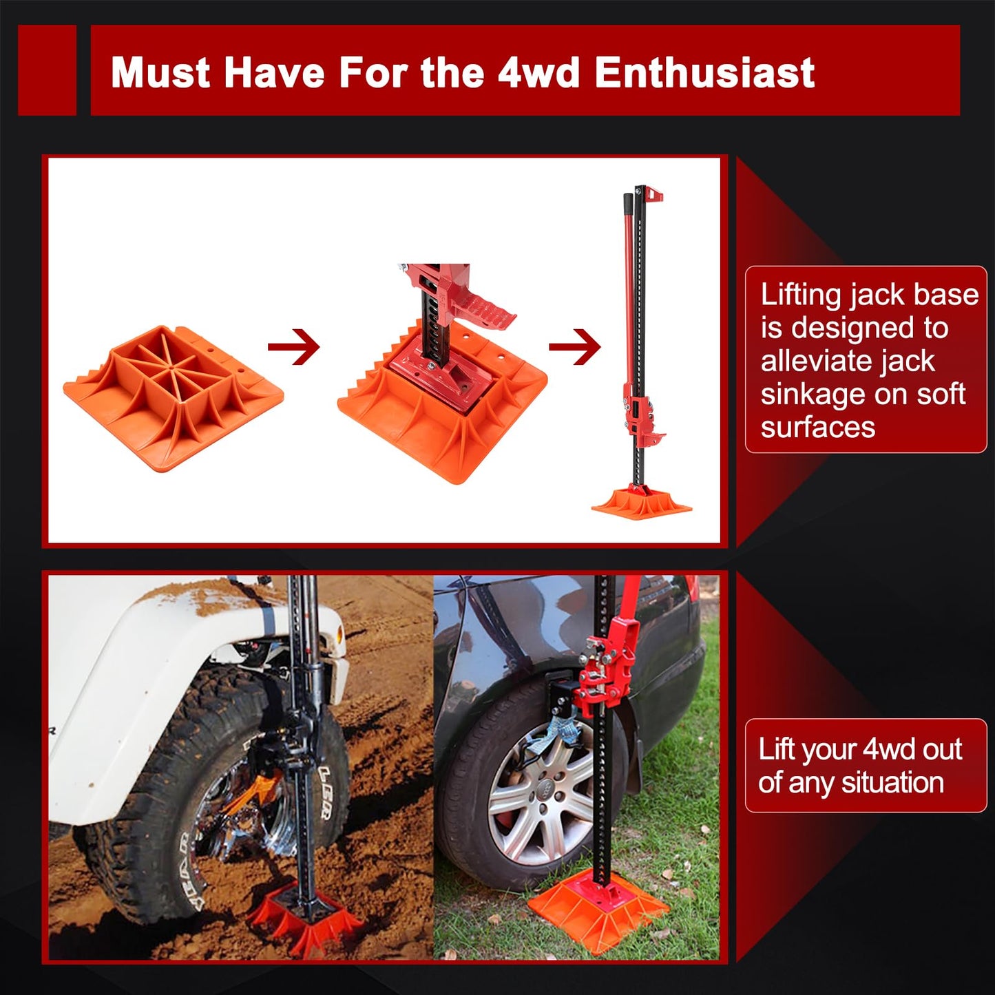 BUNKER INDUST Farm Jack 48" with Jack Base Mate,High Lift Tire Jack Stand Plate Offroad Sand Mud Snow Recovery Kit for Car Truck Jeep ATV SUV UTV