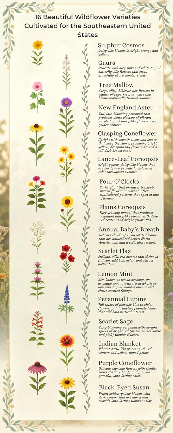 Southeastern US Wildflower Seed Mix - Attract Pollinators with Multi-Color Blooms | Covers 2,000 Sq Ft (1 lb)